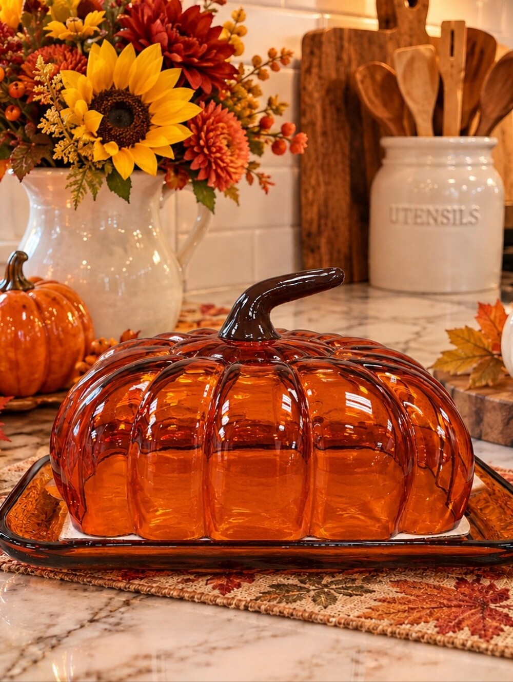 Glass Pumpkin Butter Dish - Amber Orange Decorative Kitchen Platter